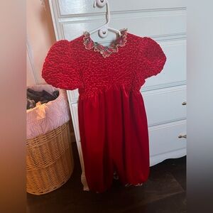 Vintage 90s Christmas Red Velvet Baby Romper with Plaid Collar